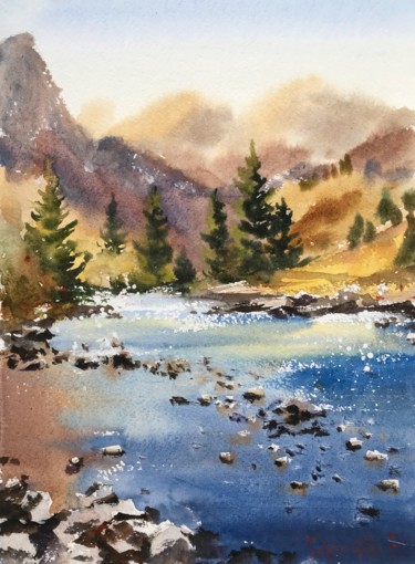 Painting titled "Mountain river" by Eugenia Gorbacheva, Original Artwork, Watercolor