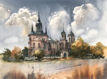 Painting titled "Gothic church (Byko…" by Eugenia Gorbacheva, Original Artwork, Watercolor