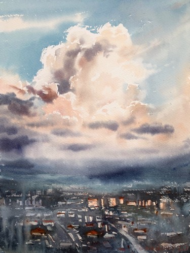 Painting titled "City Cloudscape at…" by Eugenia Gorbacheva, Original Artwork, Watercolor