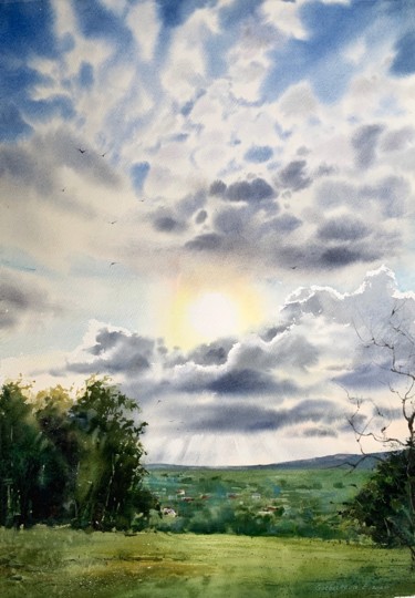 Painting titled "Field and clouds #2" by Eugenia Gorbacheva, Original Artwork, Watercolor