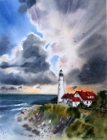 Pittura intitolato "Lighthouse and Clou…" da Eugenia Gorbacheva, Opera d'arte originale, Acquarello