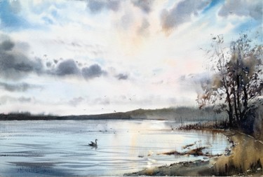 Peinture intitulée "Lake and Swan" par Eugenia Gorbacheva, Œuvre d'art originale, Aquarelle