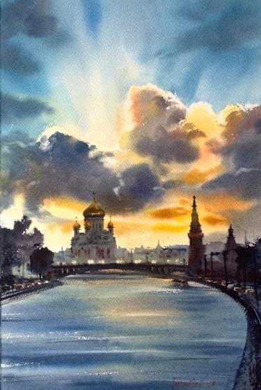 Painting titled "Sunset over Moscow…" by Eugenia Gorbacheva, Original Artwork, Watercolor