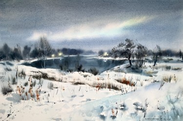 Painting titled "Snow field and ligh…" by Eugenia Gorbacheva, Original Artwork, Watercolor