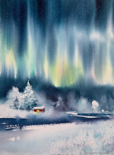 Pittura intitolato "Aurora borealis #12" da Eugenia Gorbacheva, Opera d'arte originale, Acquarello