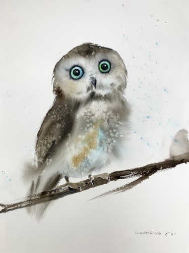 Pittura intitolato "Little owl on a bra…" da Eugenia Gorbacheva, Opera d'arte originale, Acquarello