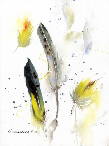 Peinture intitulée "Feathers" par Eugenia Gorbacheva, Œuvre d'art originale, Aquarelle