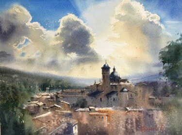 Painting titled "CLOUDS OVER THE CIT…" by Eugenia Gorbacheva, Original Artwork, Watercolor