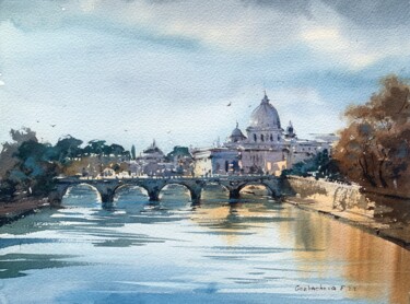 Painting titled "ROME. BRIDGE." by Eugenia Gorbacheva, Original Artwork, Watercolor