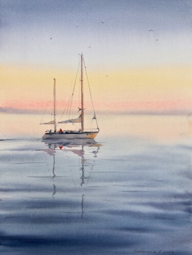 绘画 标题为“Yacht at sunset #6” 由Eugenia Gorbacheva, 原创艺术品, 水彩