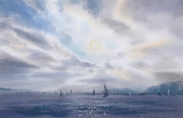 Painting titled "Yachts at sea #17" by Eugenia Gorbacheva, Original Artwork, Watercolor