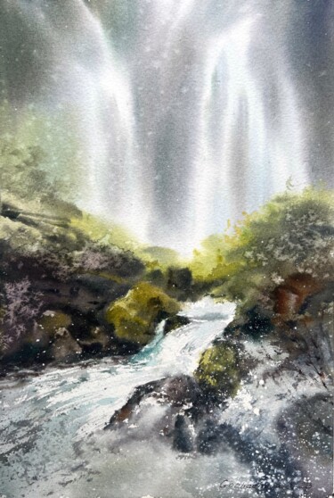 Painting titled "Waterfall #10" by Eugenia Gorbacheva, Original Artwork, Watercolor