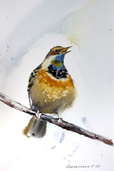 Peinture intitulée "Bird on a branch" par Eugenia Gorbacheva, Œuvre d'art originale, Aquarelle