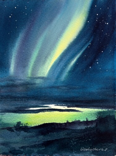 Pittura intitolato "Northern lights #36" da Eugenia Gorbacheva, Opera d'arte originale, Acquarello