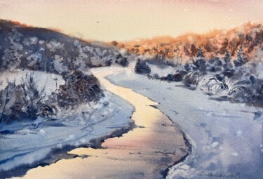Pittura intitolato "Frozen river #3" da Eugenia Gorbacheva, Opera d'arte originale, Acquarello