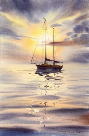 Peinture intitulée "Yacht in the sun #3" par Eugenia Gorbacheva, Œuvre d'art originale, Aquarelle