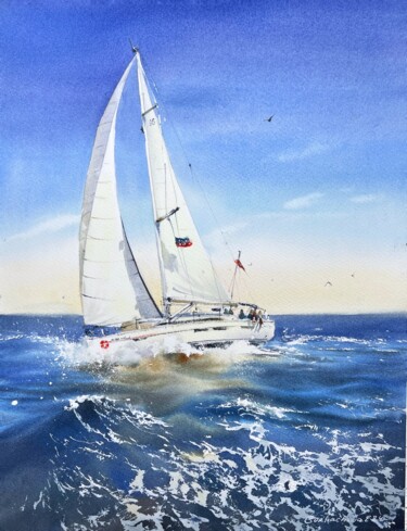 Картина под названием "Yacht on the waves…" - Eugenia Gorbacheva, Подлинное произведение искусства, Акварель