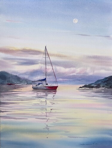 Painting titled "Yacht and Pink Dawn" by Eugenia Gorbacheva, Original Artwork, Watercolor