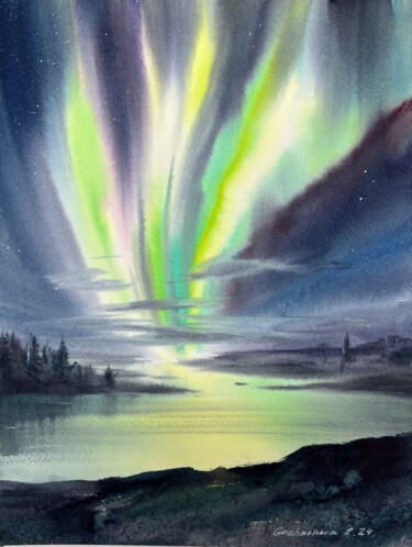 Painting titled "Northern lights 44" by Eugenia Gorbacheva, Original Artwork, Watercolor