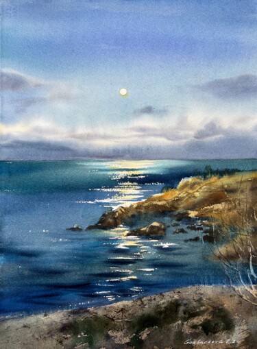 Painting titled "Full moon #3" by Eugenia Gorbacheva, Original Artwork, Watercolor