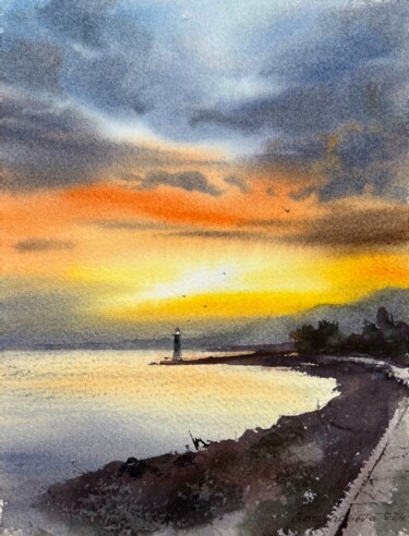 Painting titled "Sunset on the sea c…" by Eugenia Gorbacheva, Original Artwork, Watercolor