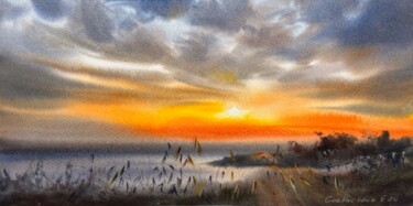 Painting titled "Orange sunset #24" by Eugenia Gorbacheva, Original Artwork, Watercolor