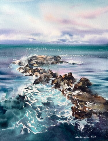 Painting titled "Waves and rocks #19" by Eugenia Gorbacheva, Original Artwork, Watercolor