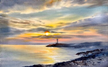 Painting titled "Lighthouse at sunset" by Eugenia Gorbacheva, Original Artwork, Watercolor