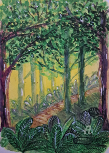 Malerei mit dem Titel "Deep woods" von Homely Art, Original-Kunstwerk, Aquarell