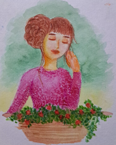 Painting titled "Peace on the balcony" by Homely Art, Original Artwork, Watercolor