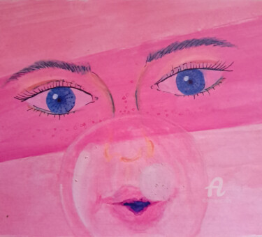 Painting titled "Bubblegum girl" by Homely Art, Original Artwork, Gouache