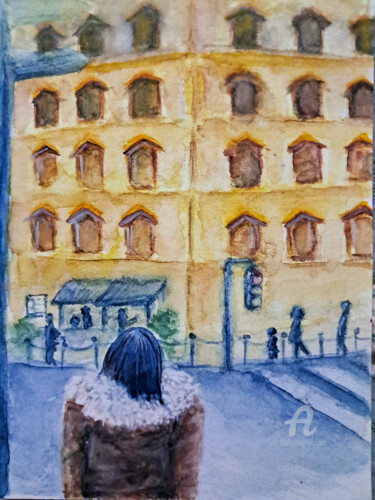 Schilderij getiteld "Winter streets" door Homely Art, Origineel Kunstwerk, Aquarel