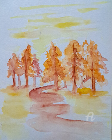 Painting titled "Distant trees" by Homely Art, Original Artwork, Watercolor