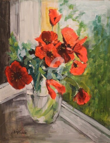 Painting titled "Red poppies" by Hong Diep Loi, Original Artwork, Pigments