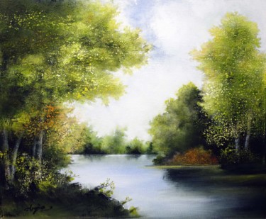 Peinture intitulée ""Printemps au lac"" par Hongie, Œuvre d'art originale, Acrylique