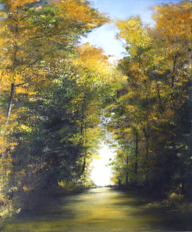 Painting titled ""Automne au chemin…" by Hongie, Original Artwork, Acrylic Mounted on Wood Stretcher frame