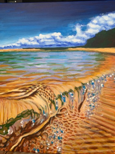 Painting titled "Golden Seaside" by Jin Hong, Original Artwork, Acrylic