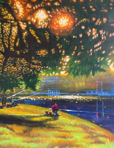 Painting titled "fishing" by Jin Hong, Original Artwork, Acrylic