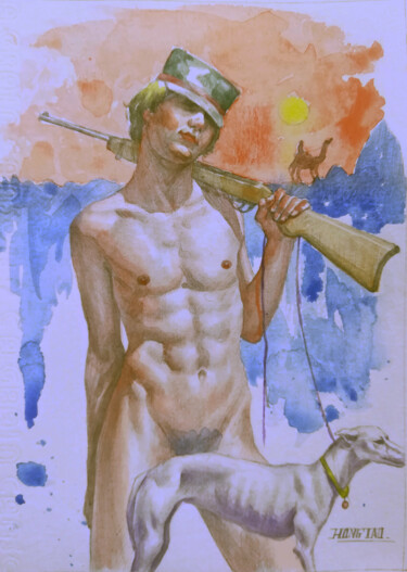 Malarstwo zatytułowany „WATERCOLOUR  MAN AN…” autorstwa Hongtao Huang, Oryginalna praca, Akwarela