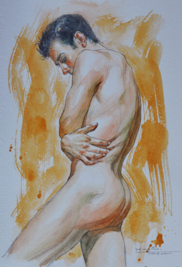 Рисунок под названием "WATERCOLOR MALE NUD…" - Hongtao Huang, Подлинное произведение искусства, Пастель