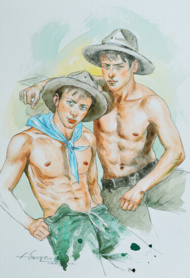 Painting titled "Cowboys" by Hongtao Huang, Original Artwork, Watercolor