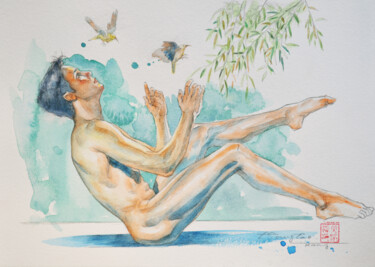 Malerei mit dem Titel "Birds" von Hongtao Huang, Original-Kunstwerk, Aquarell