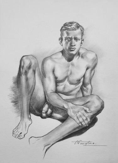 Drawing titled "Male nude#2019" by Hongtao Huang, Original Artwork, Pencil