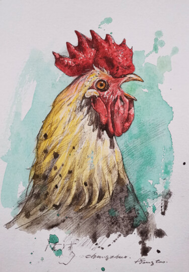 Painting titled "Big cock" by Hongtao Huang, Original Artwork, Watercolor