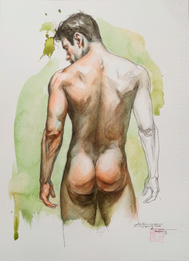 Pittura intitolato "Back of male man#20…" da Hongtao Huang, Opera d'arte originale, Acquarello