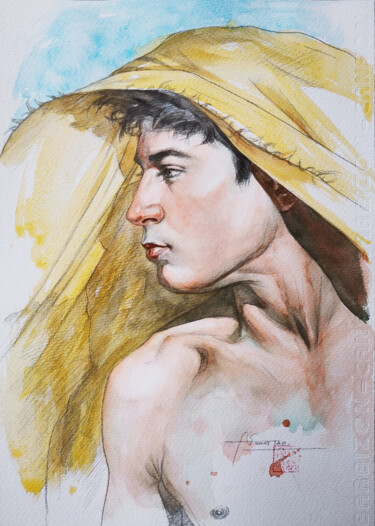 Painting titled "Watercolor Portrait…" by Hongtao Huang, Original Artwork, Watercolor