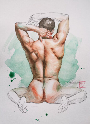 Painting titled "Male nude #20320" by Hongtao Huang, Original Artwork, Watercolor