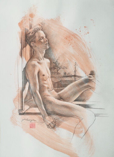 Zeichnungen mit dem Titel "DRAWING MALE NUDE #…" von Hongtao Huang, Original-Kunstwerk, Bleistift