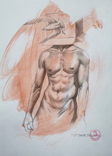 Drawing titled "Drawing male nude-T…" by Hongtao Huang, Original Artwork, Charcoal