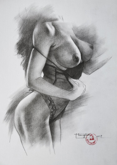 Dessin intitulée "DRAWING-Female nude…" par Hongtao Huang, Œuvre d'art originale, Crayon